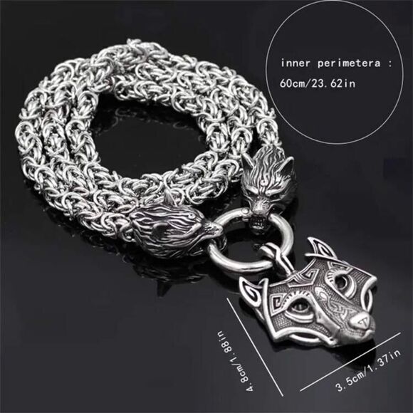 Zinc Alloy Viking Style Wolf Head Pendant Necklace, Retro Amulet Jewelry - Picture 5 of 14